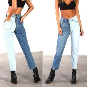 Revice Yin Yang high waisted split jeans Tokyo Wash Blue Patchwork Women size 26